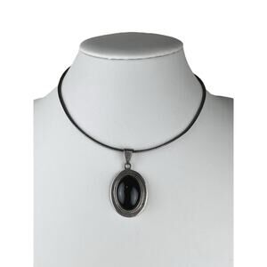 ASI Mexico Sterling Silver Black Oval Pendant & Italy Snake Chain 16" Necklace